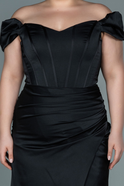 Long Black Satin Plus Size Evening Dress ABU2609
