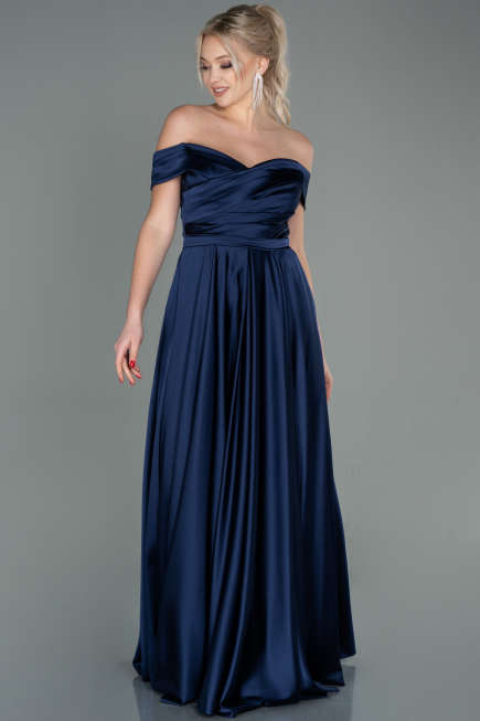 Long Navy Blue Satin Evening Dress ABU2750