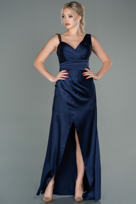 Long Navy Blue Satin Evening Dress ABU2771