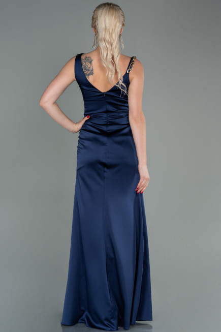 Long Navy Blue Satin Evening Dress ABU2771