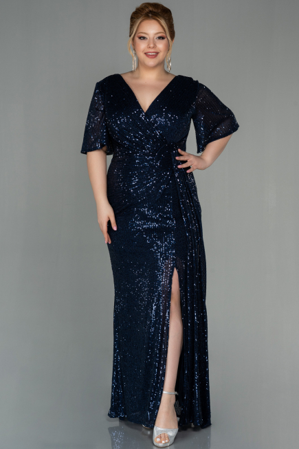 Long Navy Blue Scaly Plus Size Evening Dress ABU2796