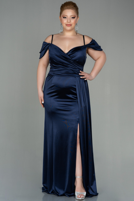 Long Navy Blue Satin Plus Size Evening Dress ABU2855