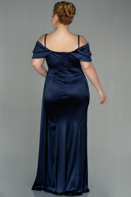 Long Navy Blue Satin Plus Size Evening Dress ABU2855