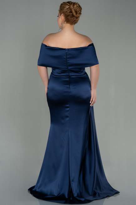 Long Navy Blue Satin Plus Size Evening Dress ABU2873