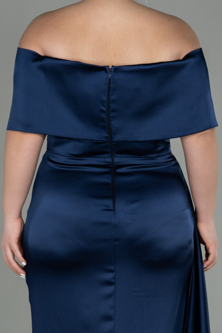 Long Navy Blue Satin Plus Size Evening Dress ABU2873