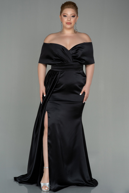 One Shoulder Stretch Satin Floor-Length Dress Black Plus Size