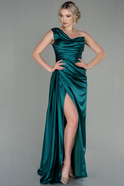 Long Emerald Green Satin Prom Gown ABU2173
