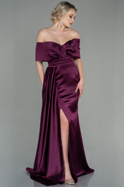 Long Cherry Colored Satin Evening Dress ABU2893