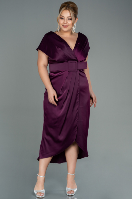 Midi Cherry Colored Satin Plus Size Evening Dress ABK1499