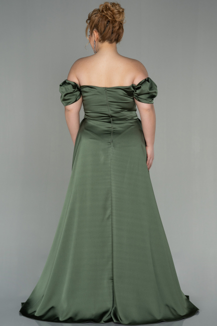 Long Olive Drab Satin Plus Size Evening Dress ABU2923