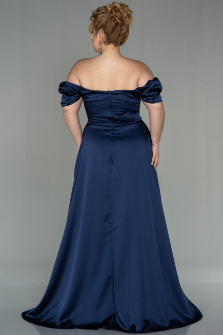 Long Navy Blue Satin Plus Size Evening Dress ABU2923
