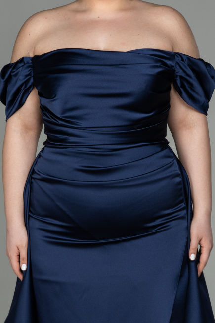 Long Navy Blue Satin Plus Size Evening Dress ABU2923