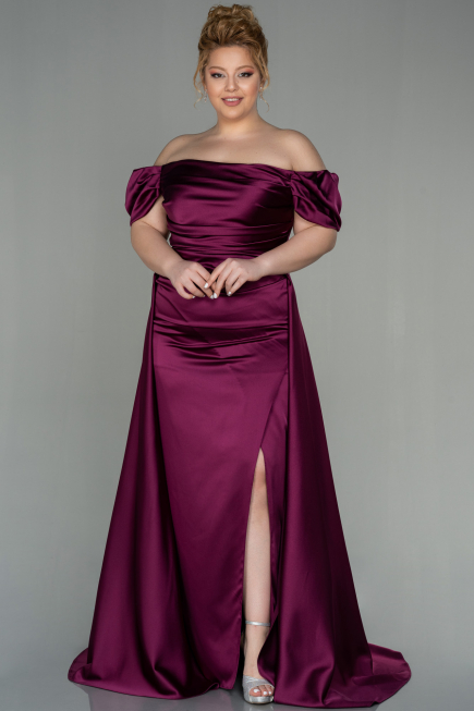 Long Cherry Colored Satin Plus Size Evening Dress ABU2923