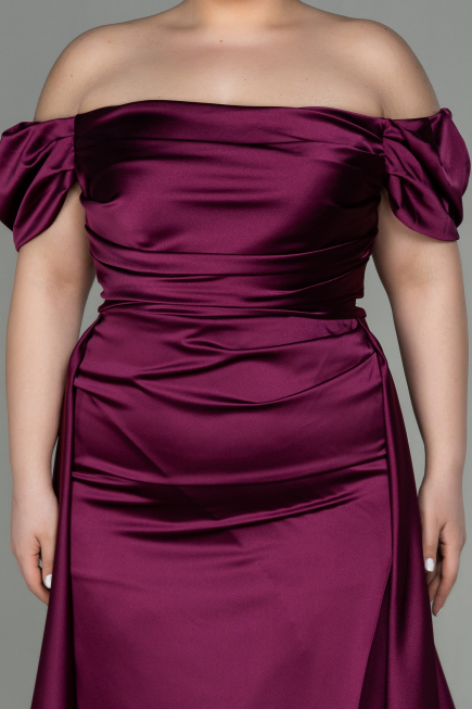 Long Cherry Colored Satin Plus Size Evening Dress ABU2923