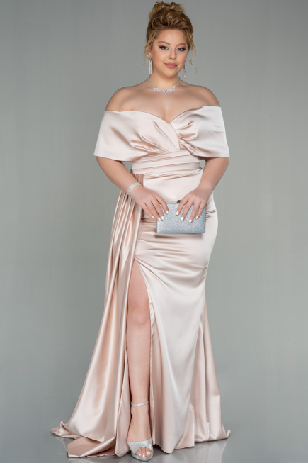Beige Long Satin Plus Size Evening Dress ABU2873
