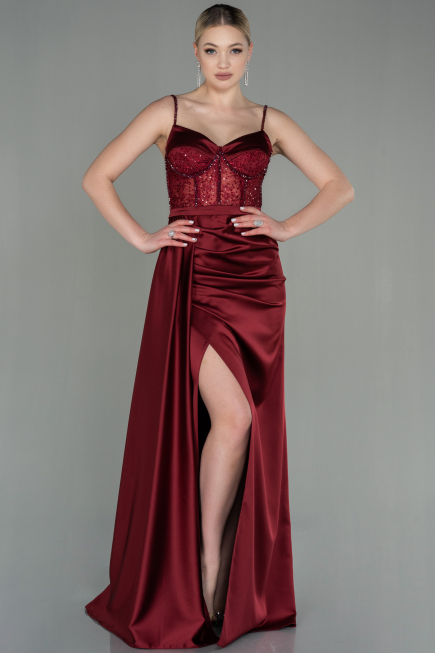 Burgundy Long Satin Evening Dress ABU2130