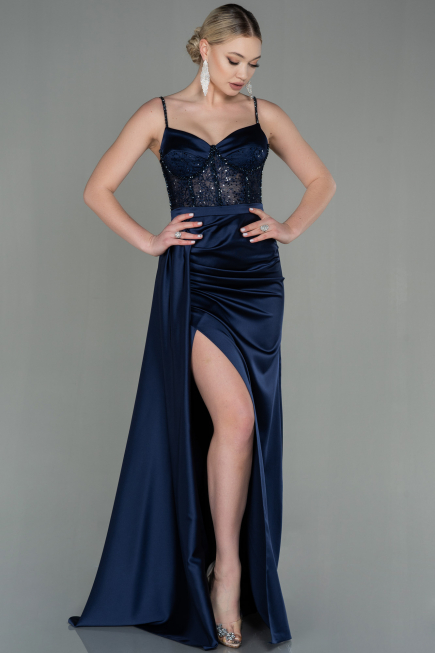 Navy Blue Long Satin Evening Dress ABU2130