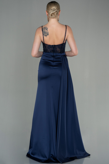 Navy Blue Long Satin Evening Dress ABU2130
