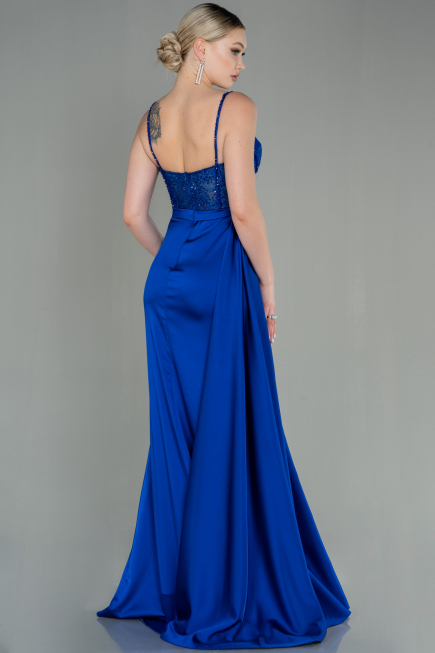 Sax Blue Long Satin Evening Dress ABU2130