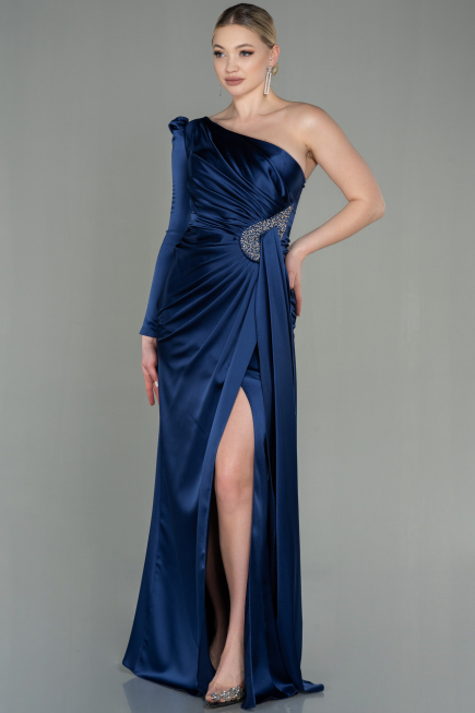 Long Navy Blue Satin Evening Dress ABU2676