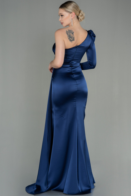 Long Navy Blue Satin Evening Dress ABU2676