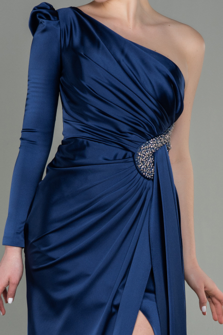 Long Navy Blue Satin Evening Dress ABU2676
