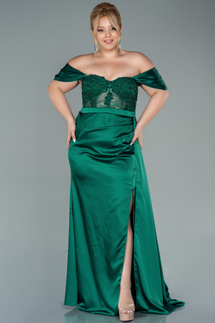 Emerald Green Long Satin Plus Size Evening Dress ABU2371