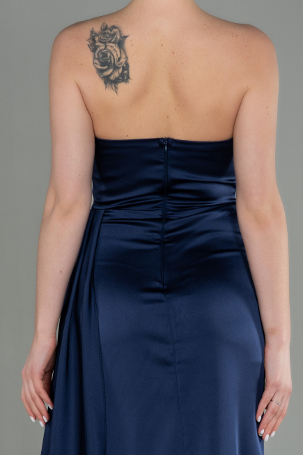Long Navy Blue Satin Prom Gown ABU2965