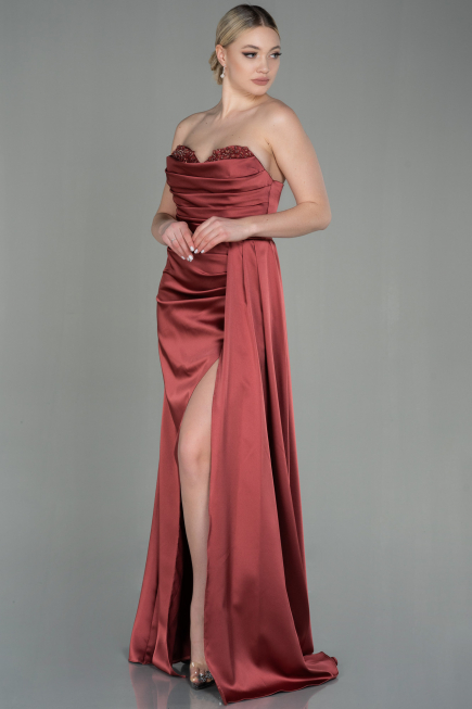 Long Light Brown Satin Prom Gown ABU2965