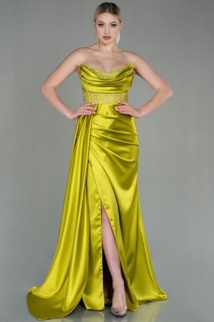 Pistachio Green Long Satin Evening Dress ABU2127