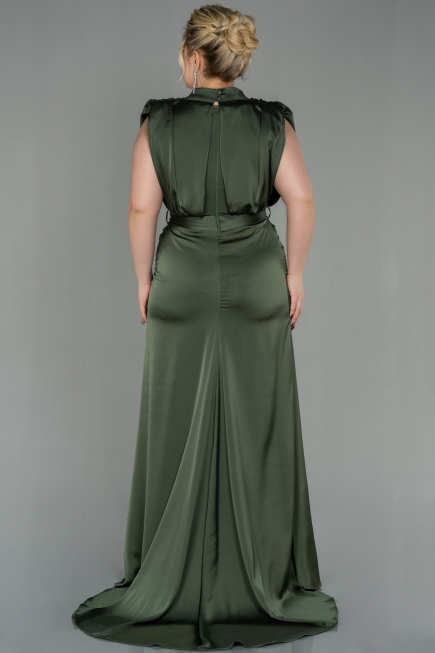 Long Olive Drab Satin Plus Size Evening Dress ABU2969