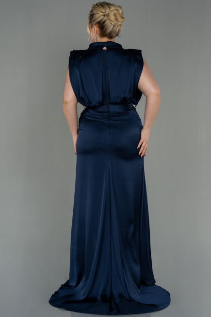 Long Navy Blue Satin Plus Size Evening Dress ABU2969