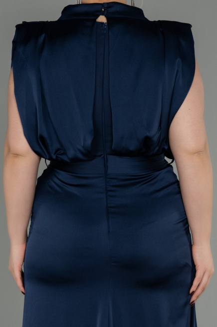 Long Navy Blue Satin Plus Size Evening Dress ABU2969