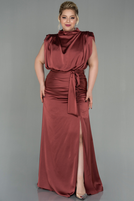 Long Light Brown Satin Plus Size Evening Dress ABU2969