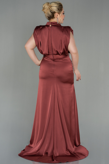 Long Light Brown Satin Plus Size Evening Dress ABU2969