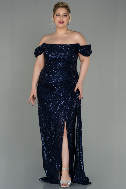Long Navy Blue Scaly Plus Size Evening Dress ABU2973