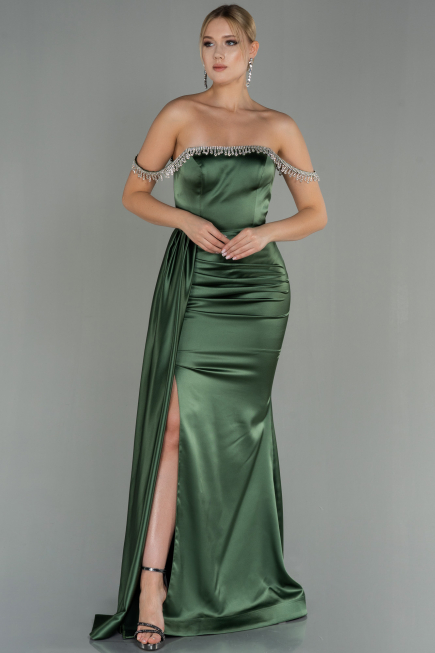 Oil Green Long Satin Evening Dress ABU2618