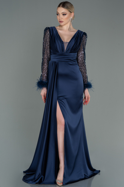 Long Navy Blue Satin Evening Dress ABU3080