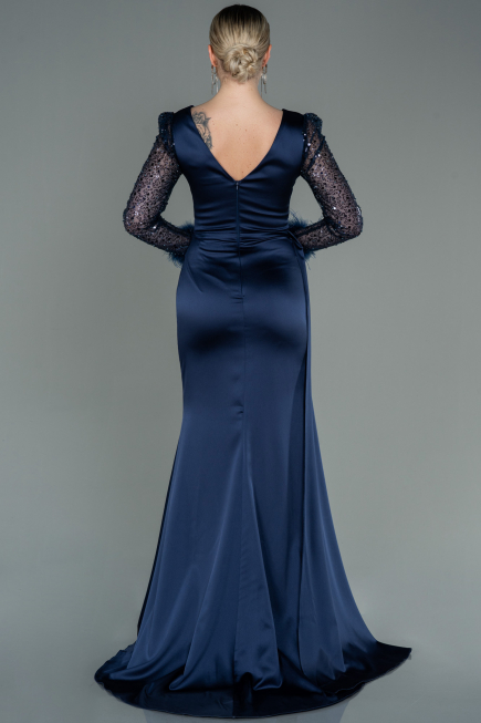 Long Navy Blue Satin Evening Dress ABU3080