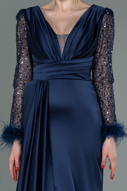 Long Navy Blue Satin Evening Dress ABU3080