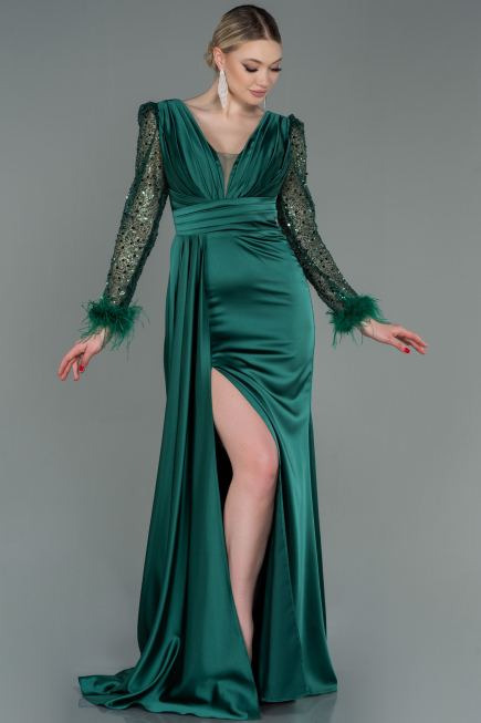 Long Emerald Green Satin Evening Dress ABU3080