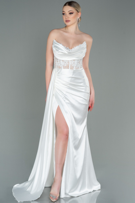 White Long Satin Evening Dress ABU2127