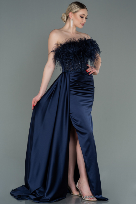Long Navy Blue Satin Evening Dress ABU3091