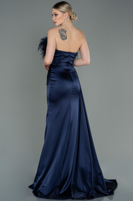 Long Navy Blue Satin Evening Dress ABU3091
