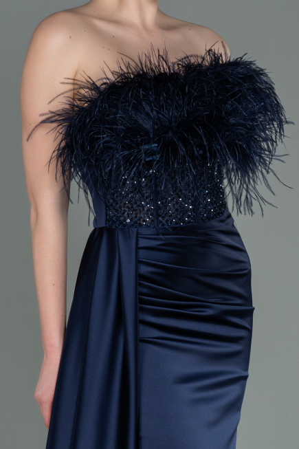 Long Navy Blue Satin Evening Dress ABU3091