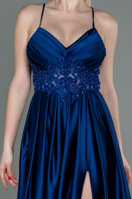Sax Blue Long Satin Evening Dress ABU2583