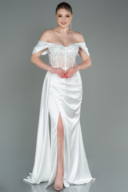 White Long Satin Evening Dress ABU2087