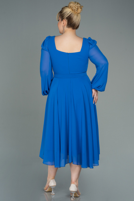 Midi Sax Blue Chiffon Plus Size Evening Dress ABK1753