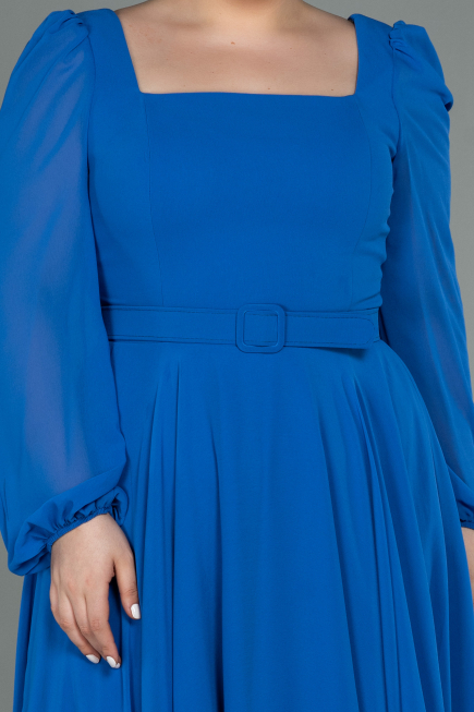 Midi Sax Blue Chiffon Plus Size Evening Dress ABK1753