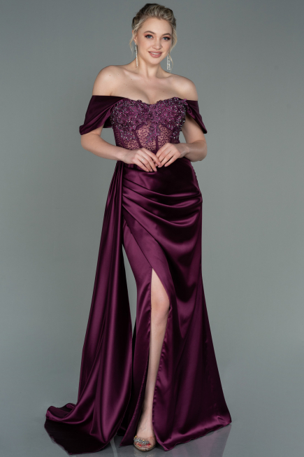 Cherry Colored Long Satin Evening Dress ABU2087